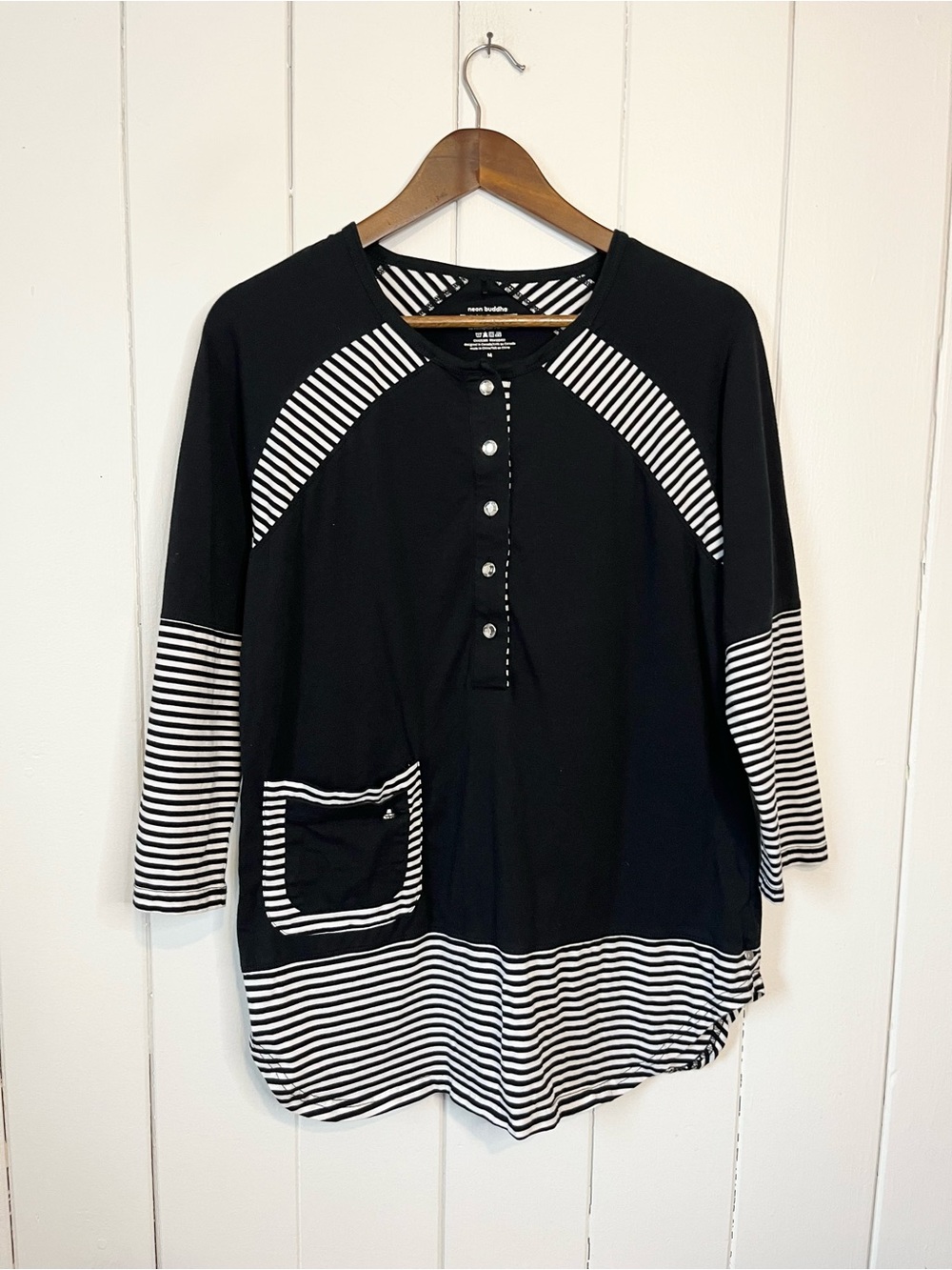 Neon Buddah Black and White Striped Quarter Length Top. Size Medium.